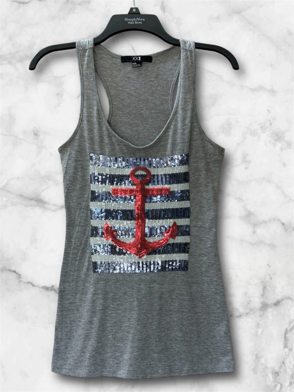 Forever XXI Sequin Anchor Racerback Tank Top Gray Nautical Sparkly Bling Size M